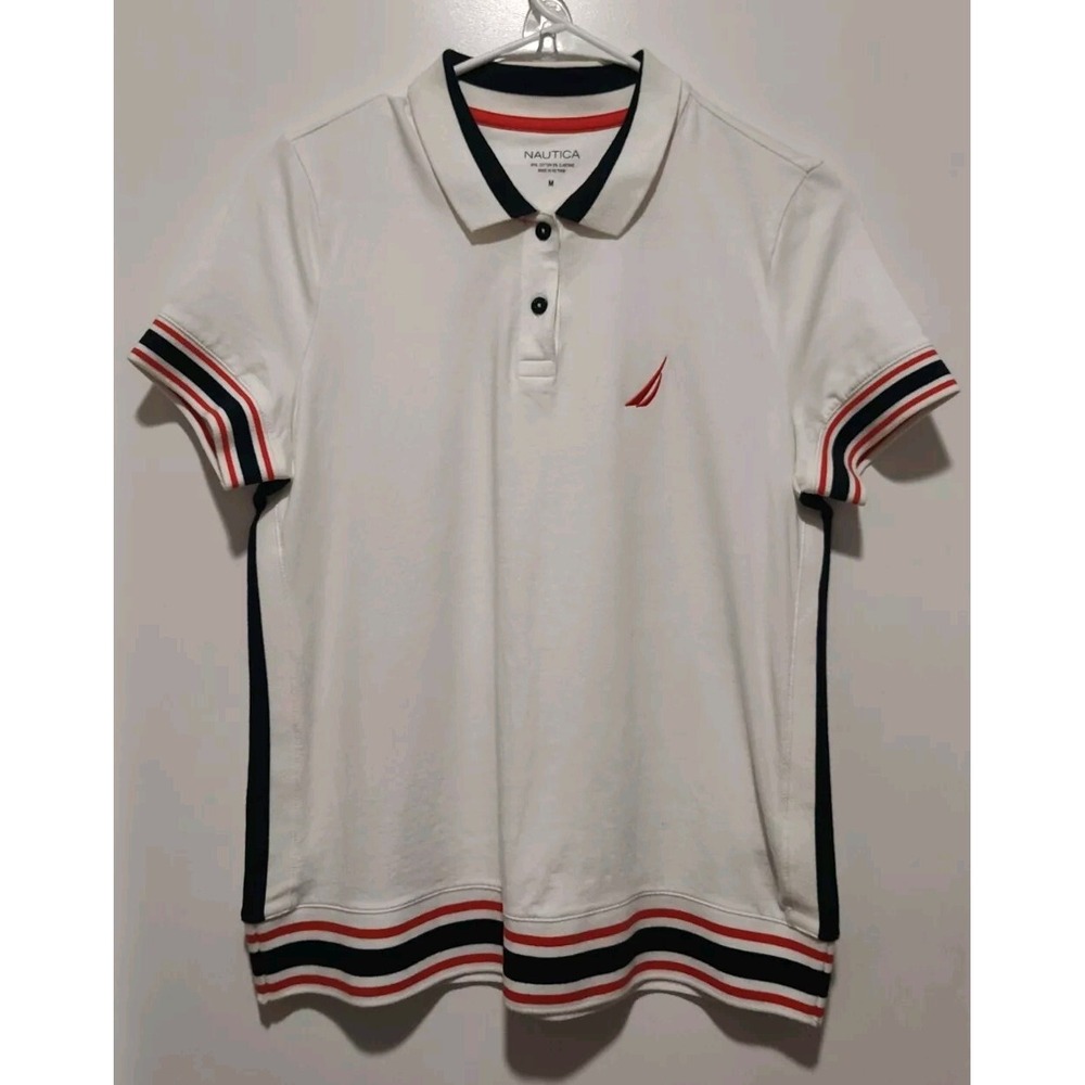 Nautica Polo Shirt Womens Medium White Navy Red Striped Trim Short Sleeve Logo